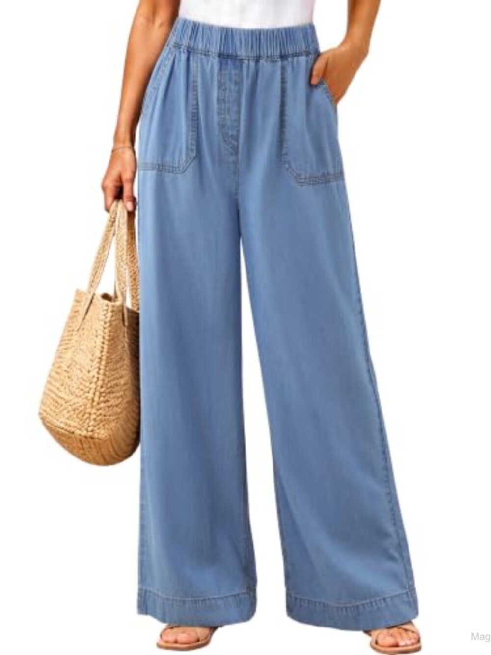 Womens Wide Leg High Waisted Pull On Stretchy Jeans Patch Pockets
